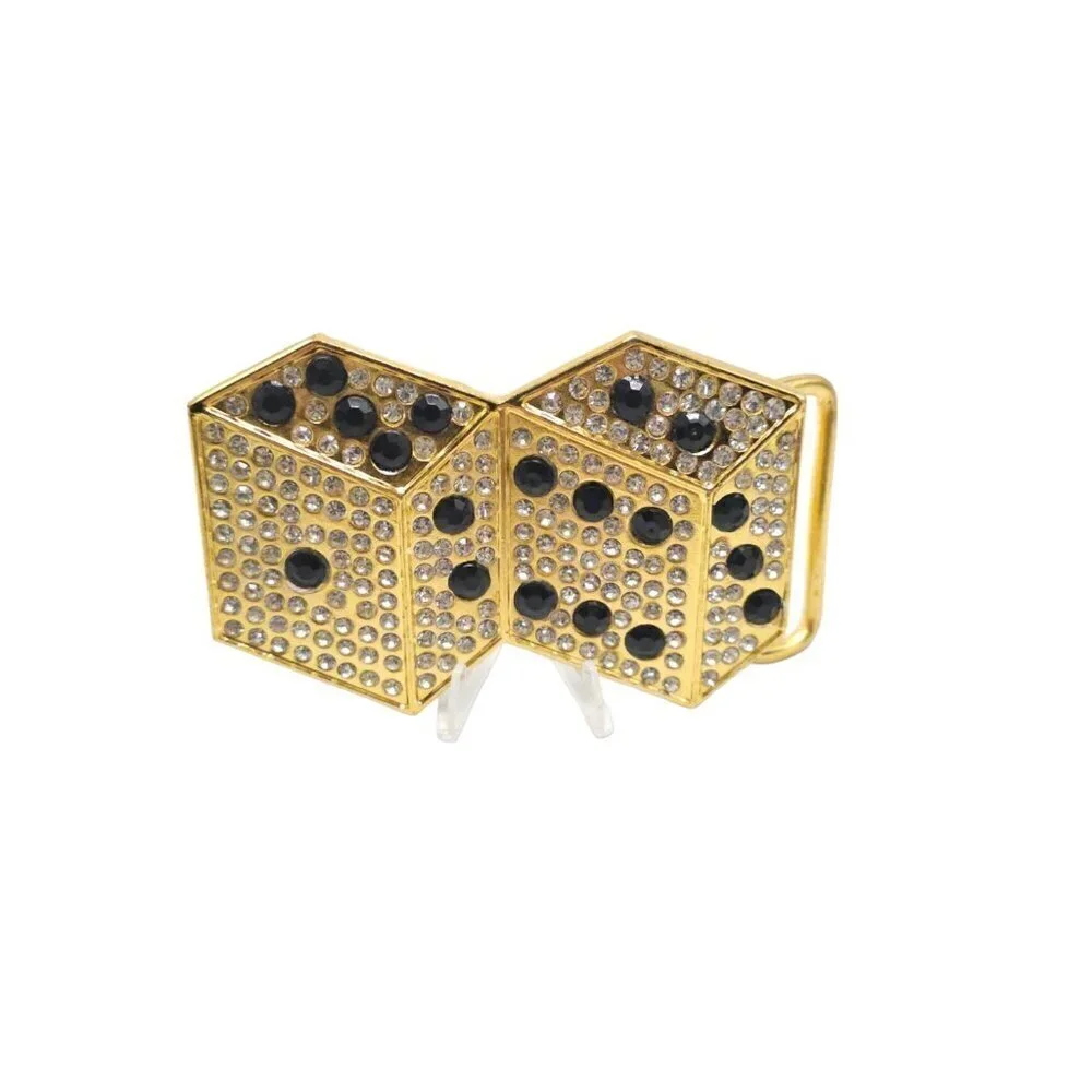 Black Rhinestone Stone Casino Pair of Dice Bling Belt Buckle Gold Tone Vintage